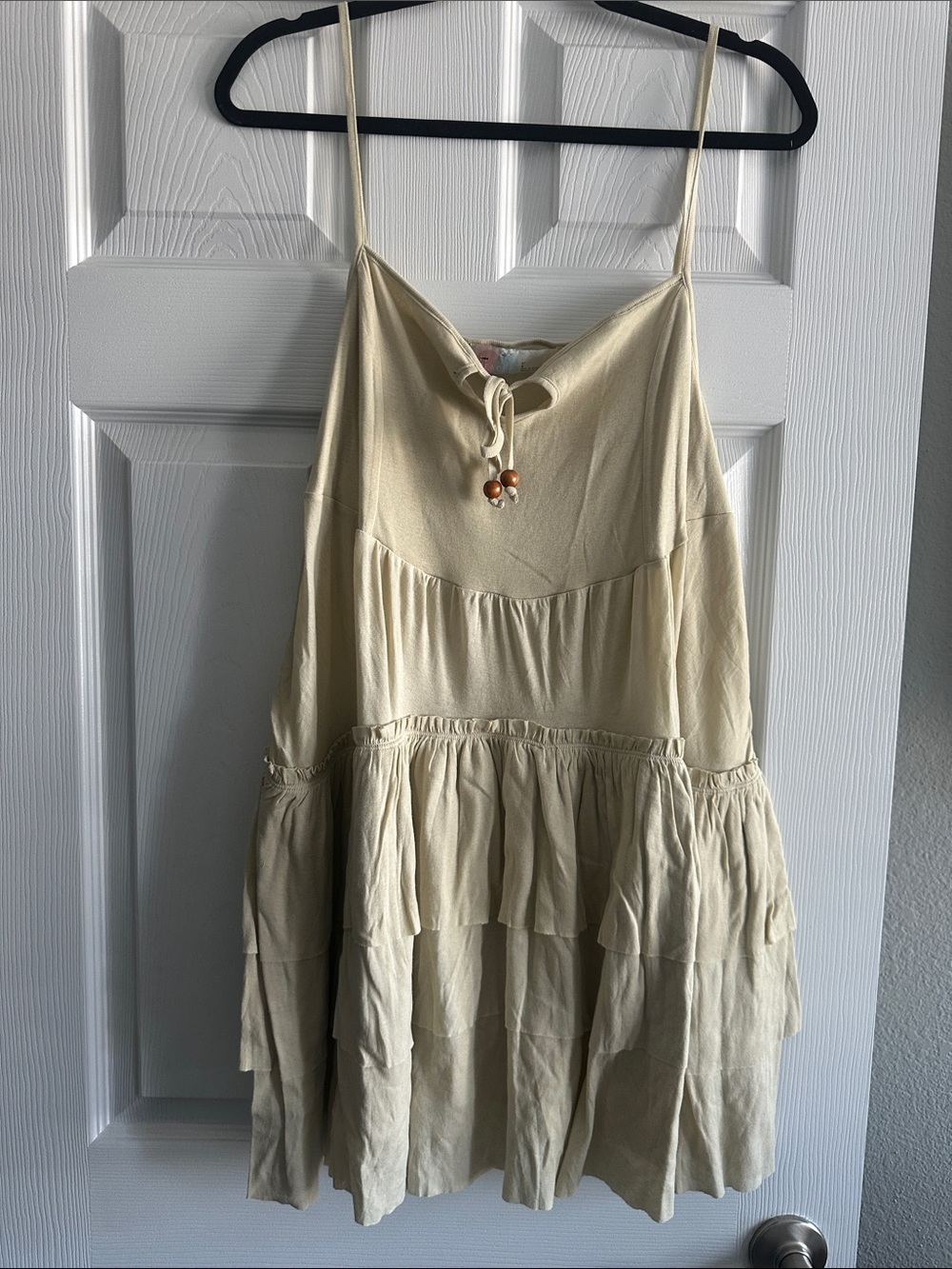 Free People Cream Spaghetti-Strap Tiered Mini Dress with Bead Tie